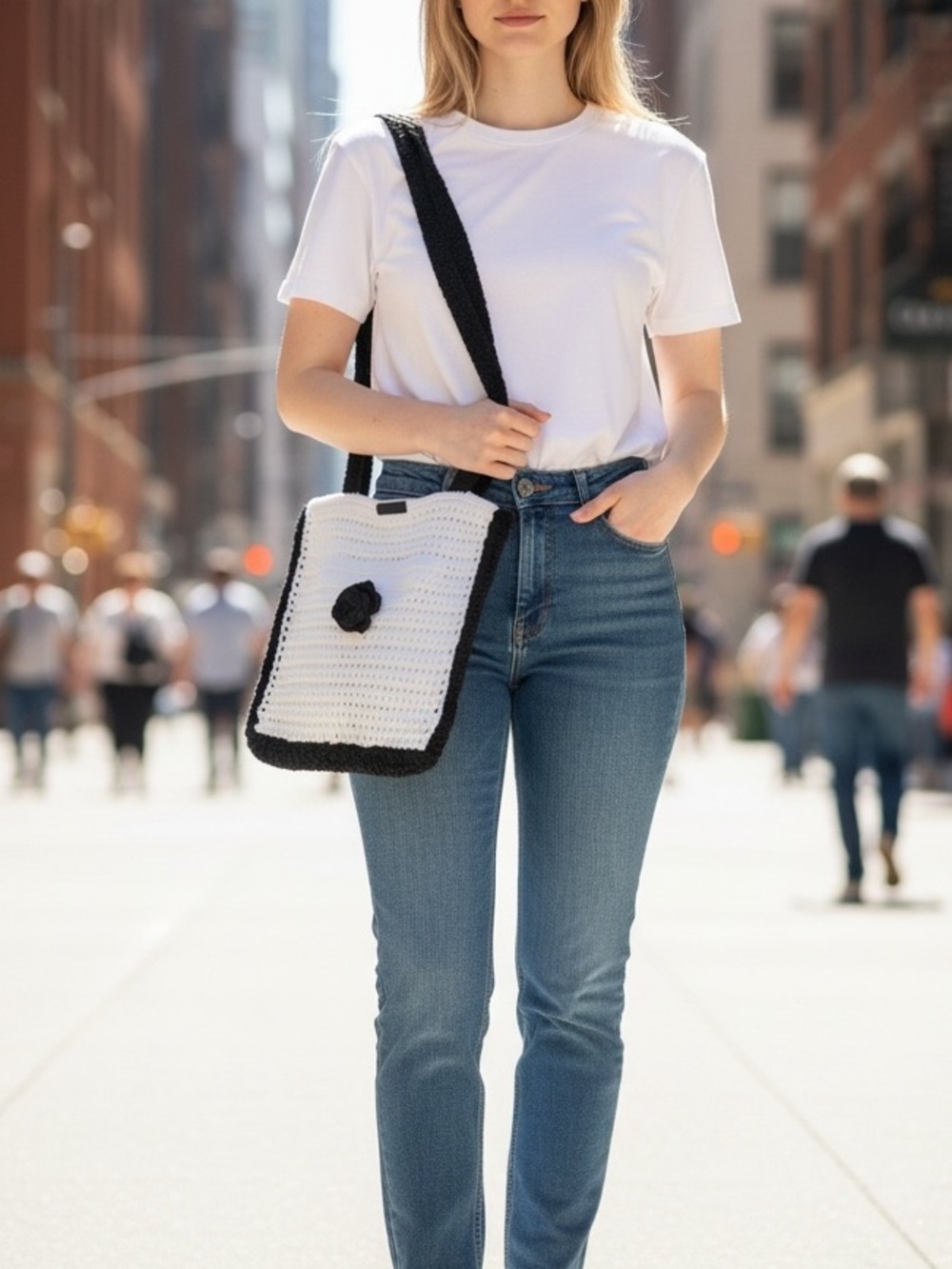 Classic Black & White Crochet Crossbody Tote handmade